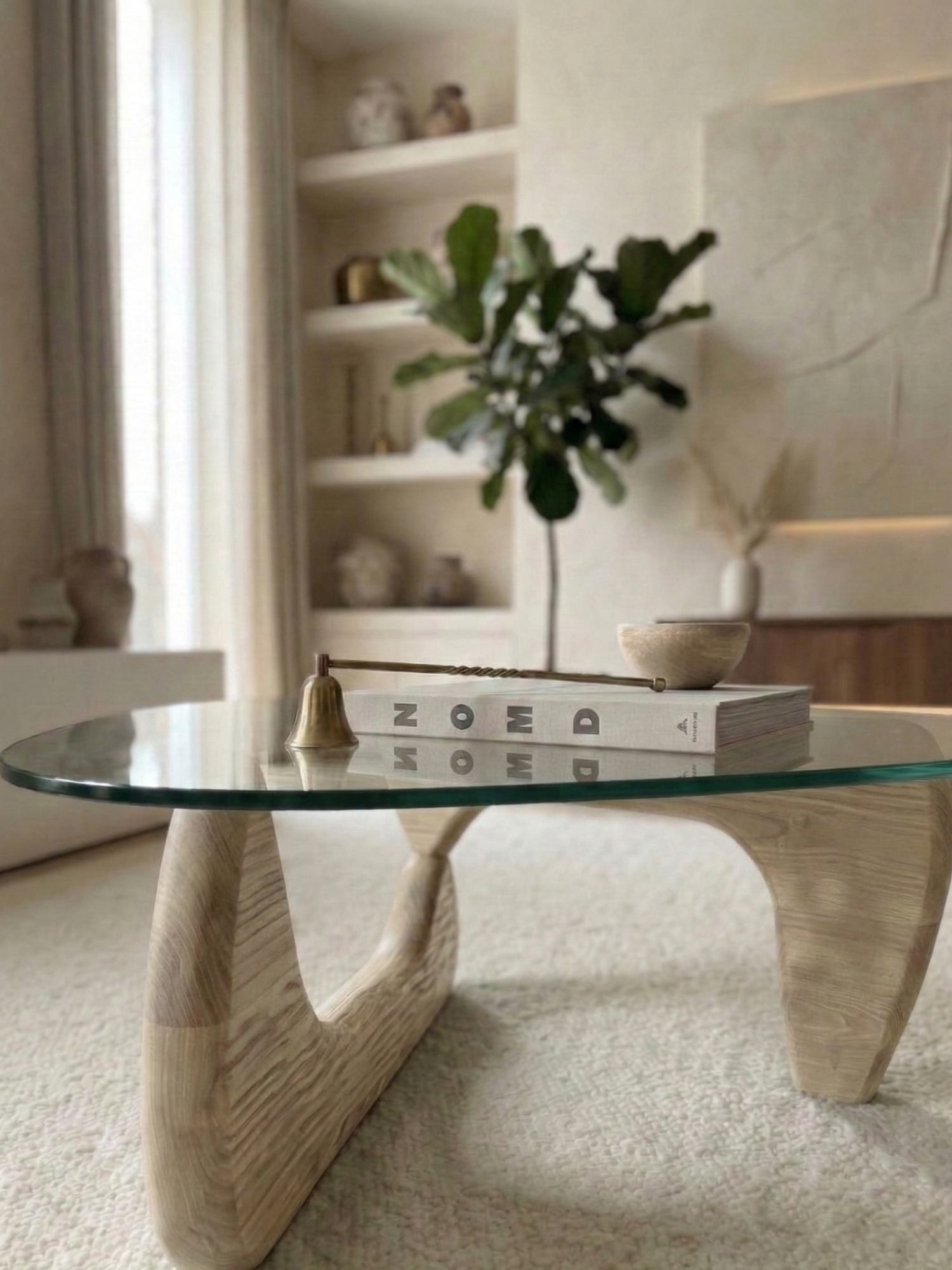 Organischer Couchtisch Eiche – Gehärtetes Glas – 90x65 cm