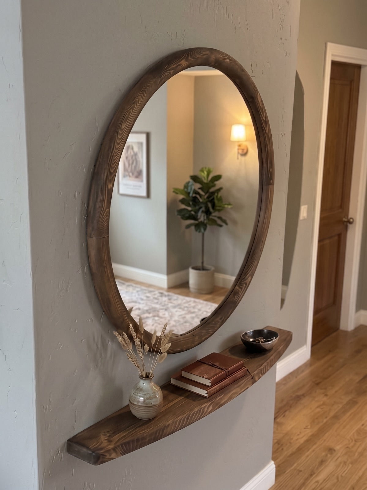 Lou – Runder Holz-Wandspiegel mit Ablage 85 cm