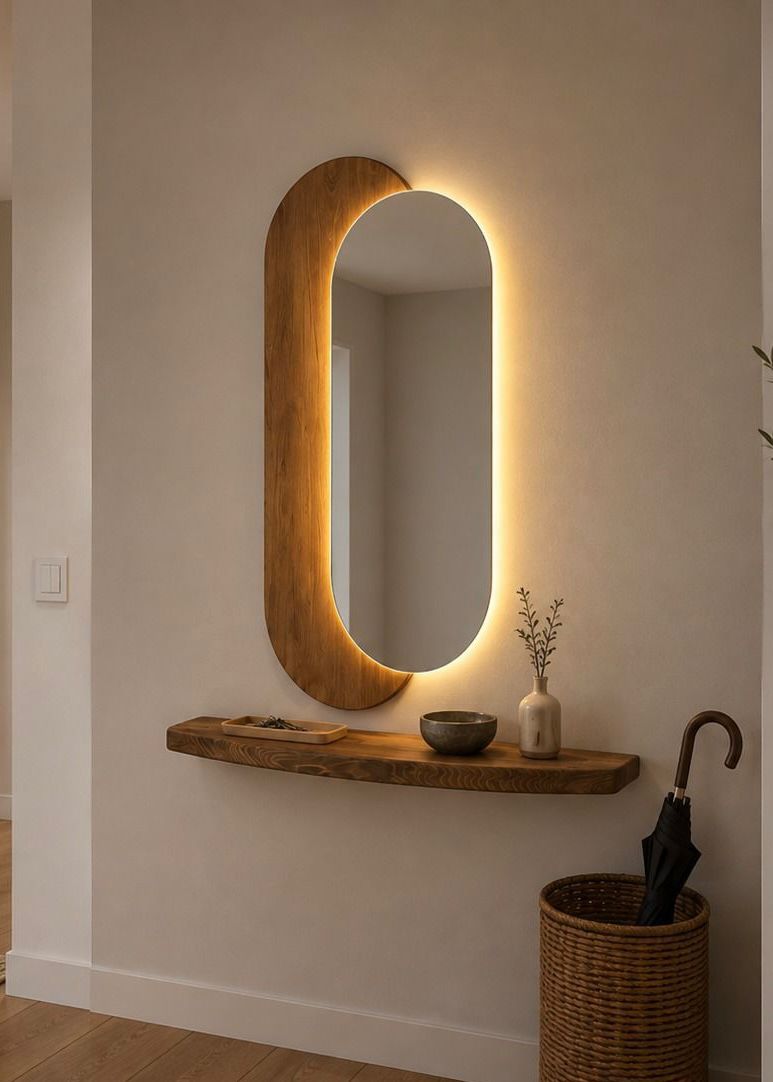 Lumi – Ovaler LED-Spiegel mit Holzpaneel und Ablage 100x55 cm