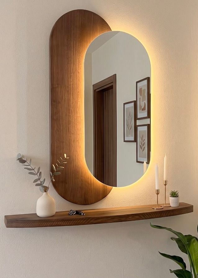 Lumi – Ovaler LED-Spiegel mit Holzpaneel und Ablage 100x55 cm (2)