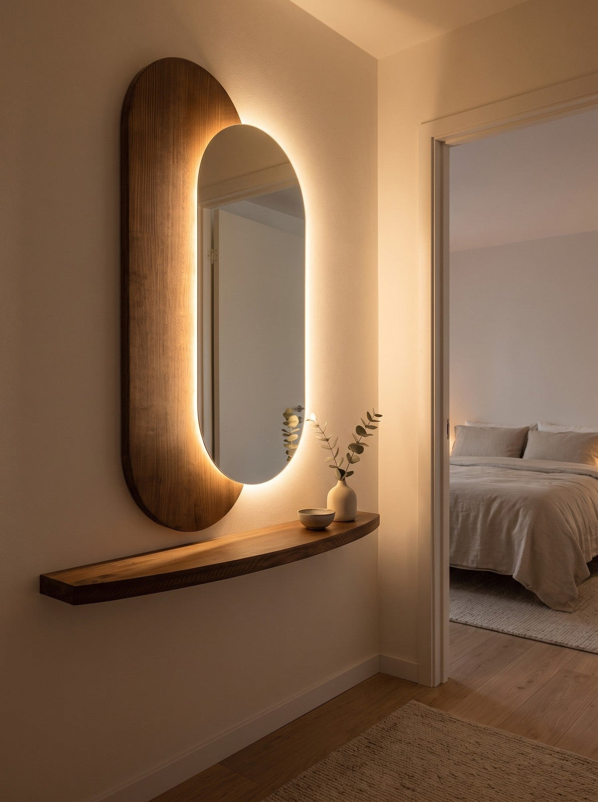 Lumi – Ovaler LED-Spiegel mit Holzpaneel und Ablage 100x55 cm (4)
