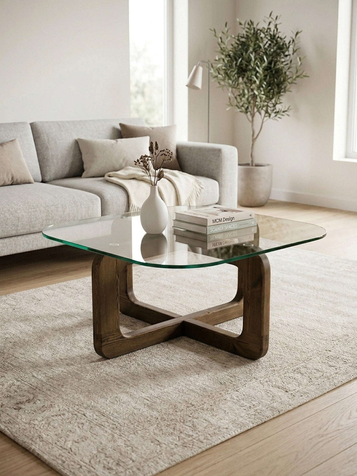 Organischer Couchtisch Walnuss – Plus-Modell – Gehärtetes Glas – 80x80 cm