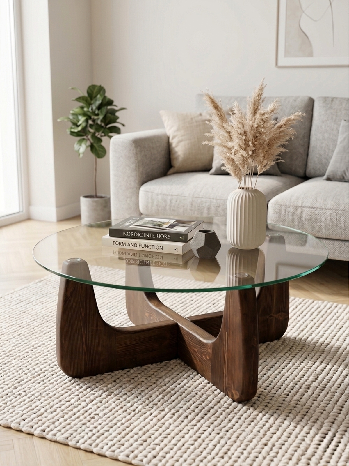 Organischer Couchtisch Walnuss – Rundes Modell – Gehärtetes Glas – Ø 80 cm