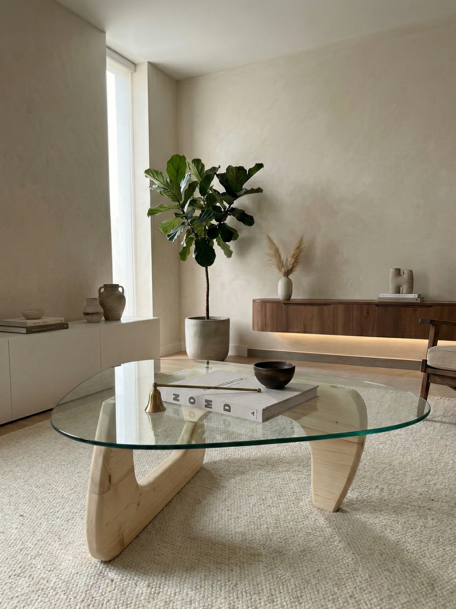 Organischer Couchtisch Eiche – Gehärtetes Glas – 130x90