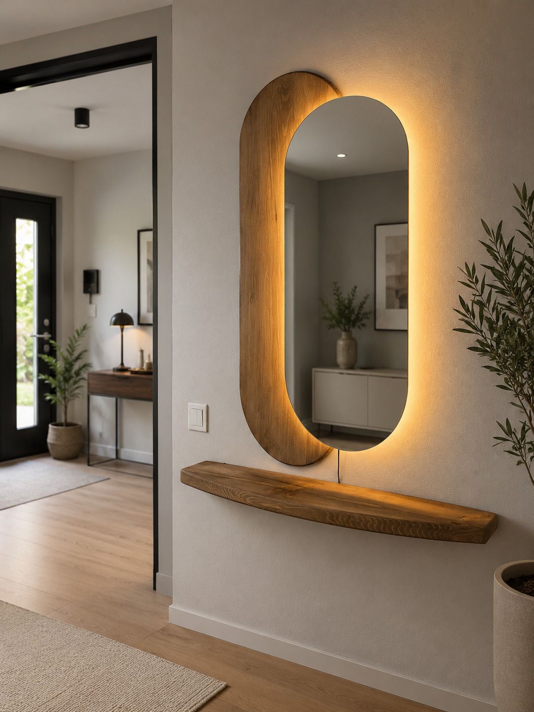Lumi – Ovaler LED-Spiegel mit Holzpaneel und Ablage 100x55 cm (3)