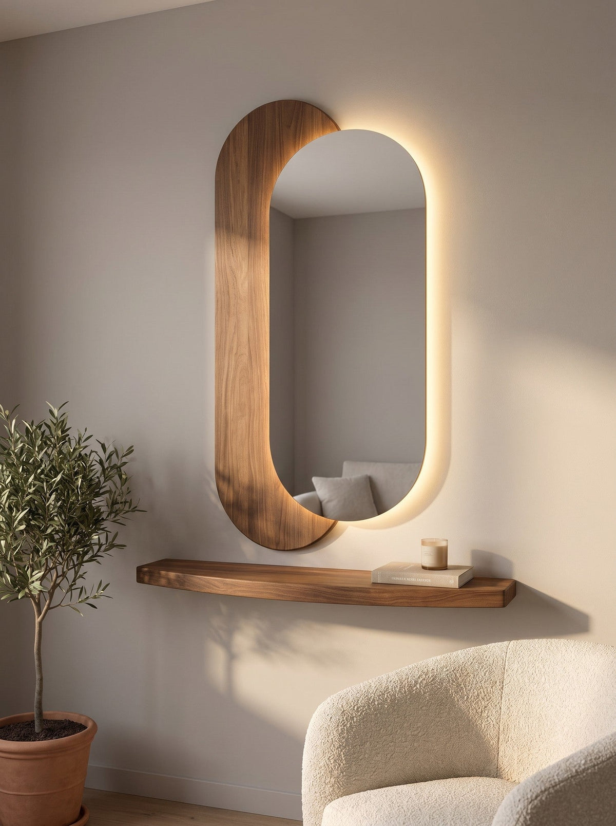Lumi – Ovaler LED-Spiegel mit Holzpaneel und Ablage 100x55 cm (5)