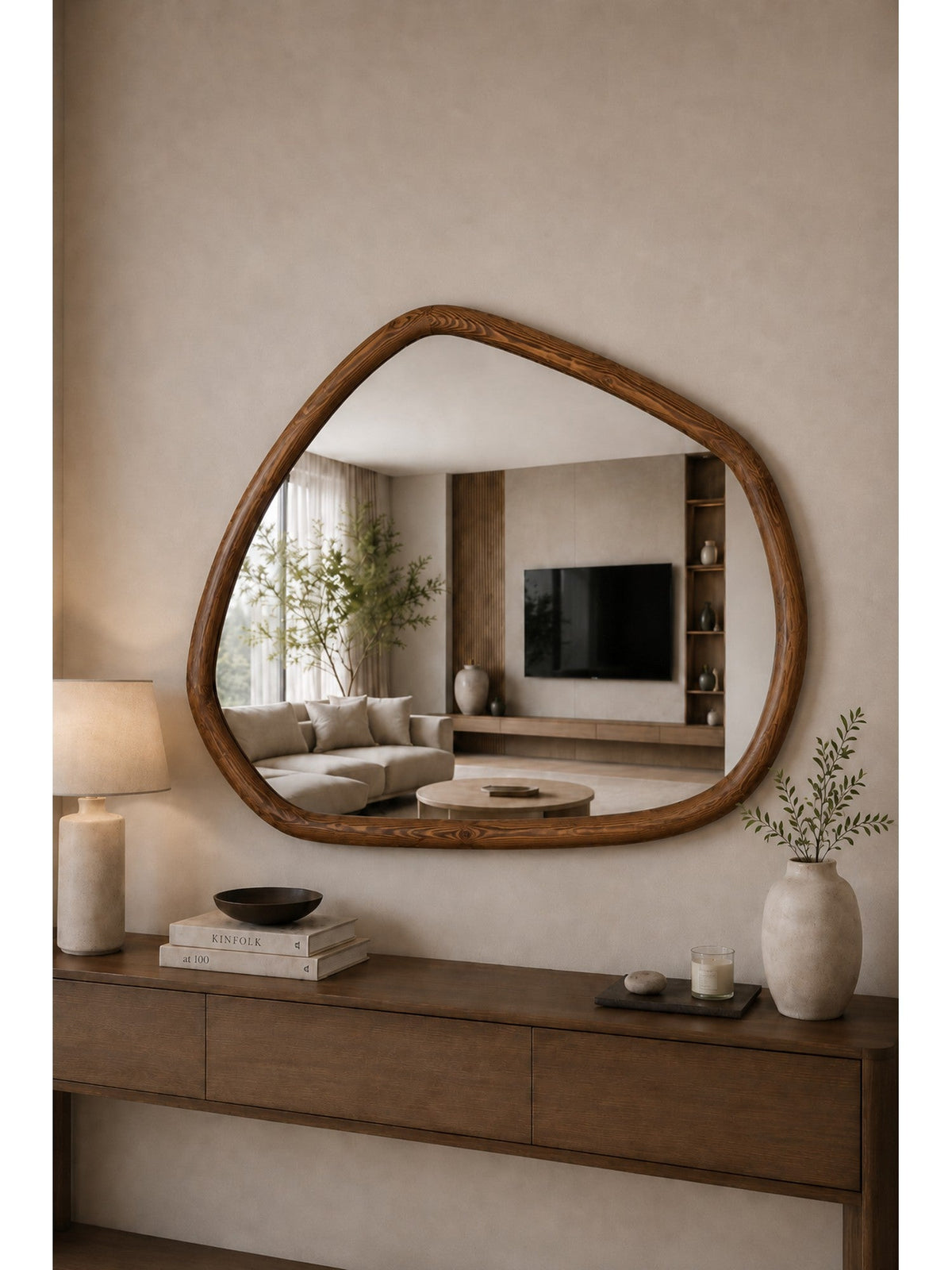Organischer Wandspiegel Walnuss – Holzrahmen – 110x80 cm