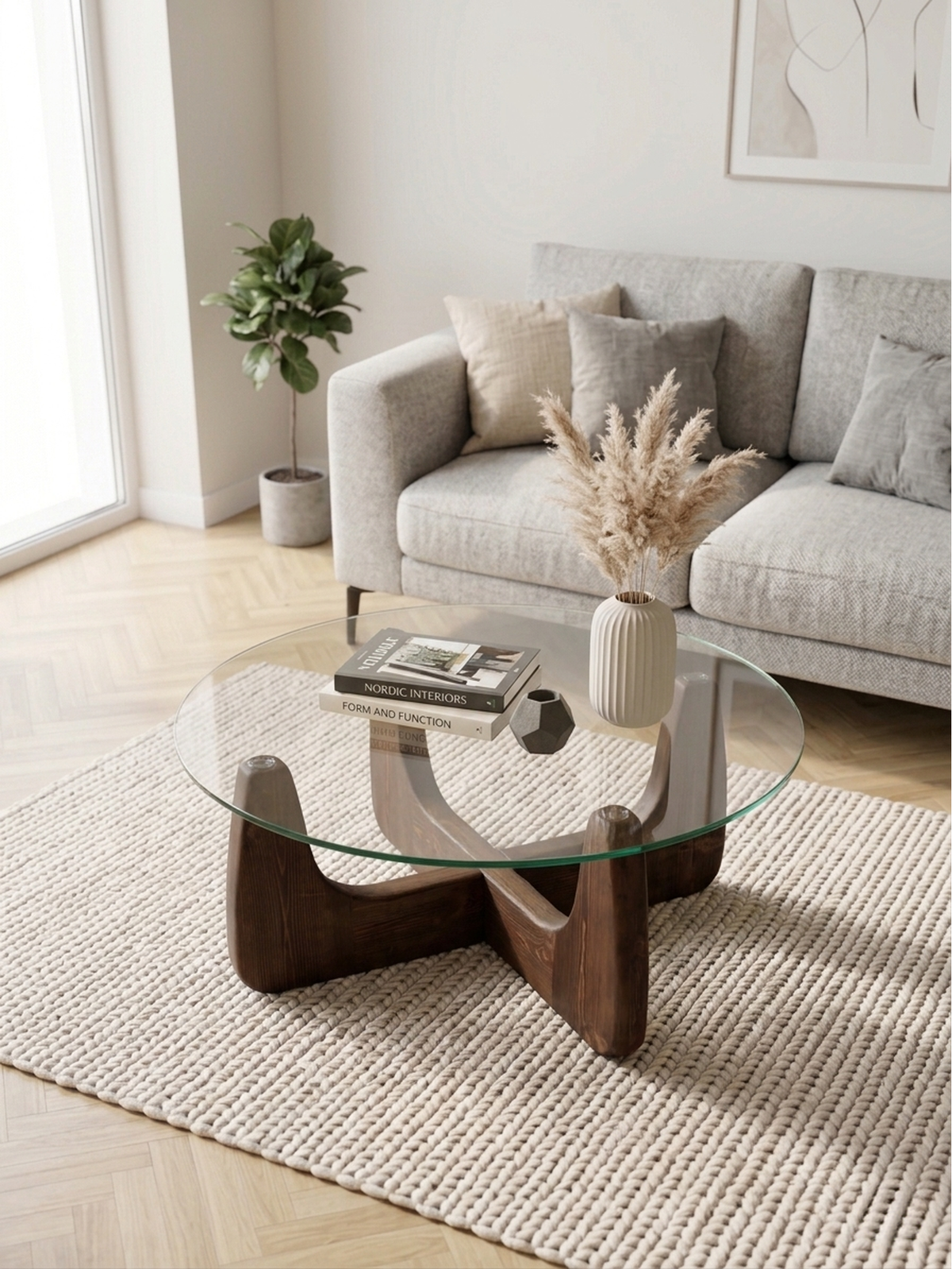 Organischer Couchtisch Walnuss – Rundes Modell – Gehärtetes Glas – Ø 80 cm